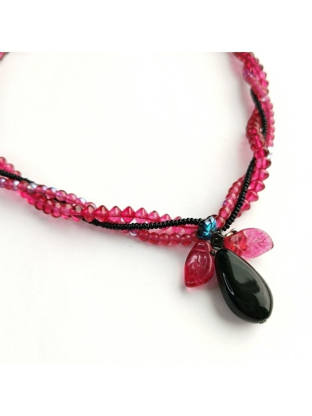 Vintage Czech Glass Bead Necklace raspberry black